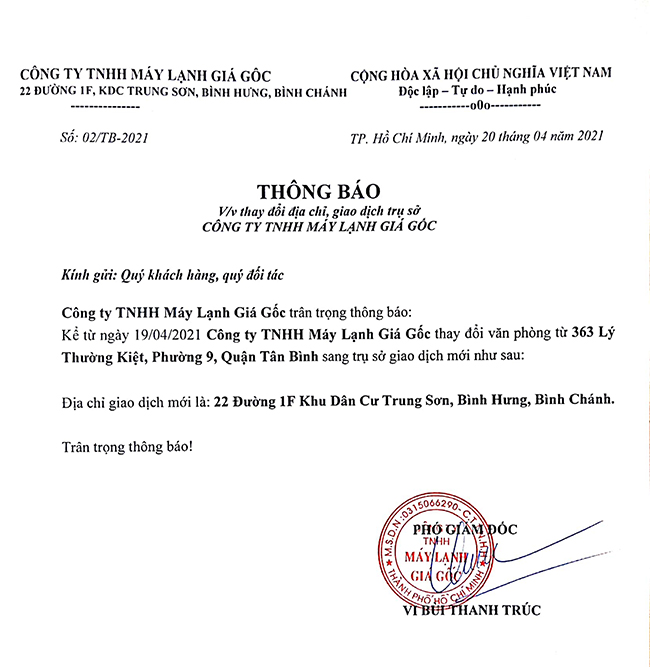 Thông báo thay đổi địa chỉ, trụ sở giao dịch Công ty Máy Lạnh Giá Gốc